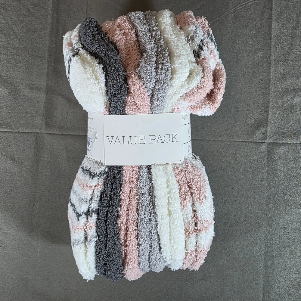 Cozies Low Cut Fuzzy Socks 6 Pair Value Pack Pink Grey White Shoe Size 4-10 NEW